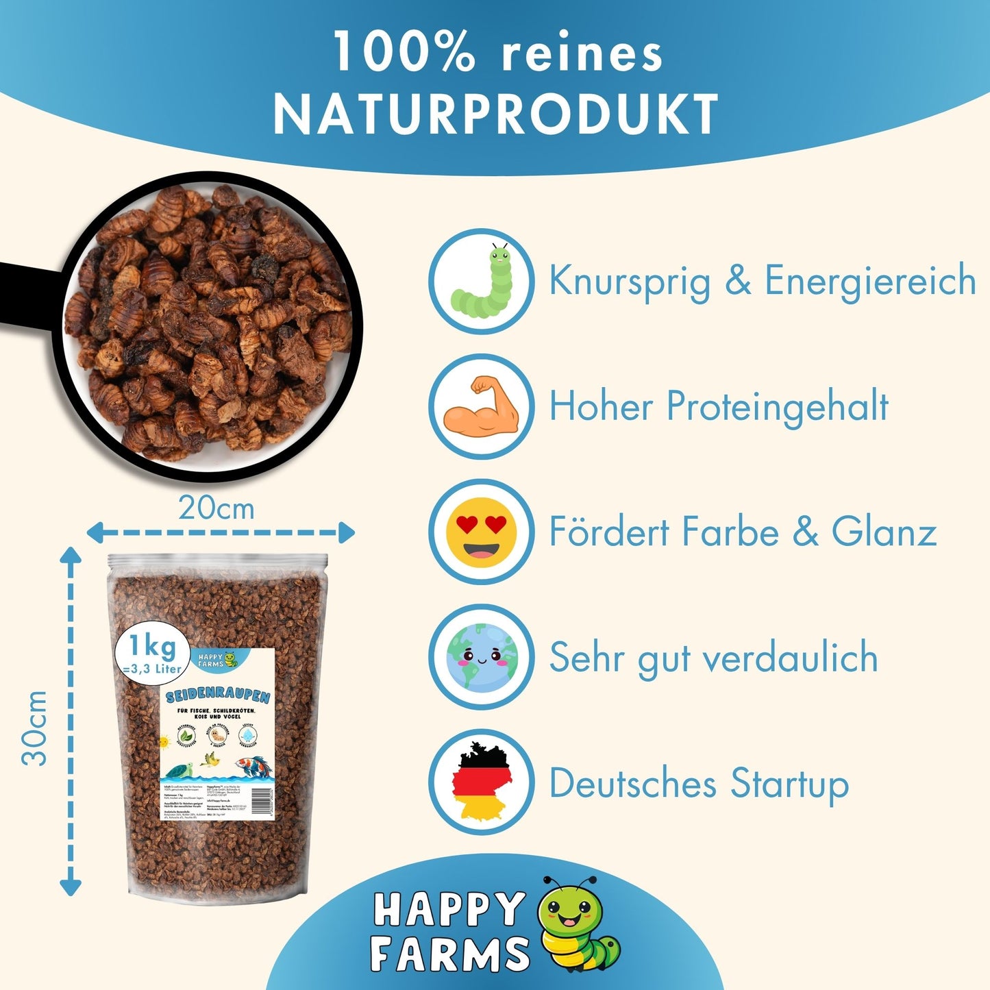 Seidenraupen ist ein Naturprodukt und fördert Farbe und Glanz bei Kois