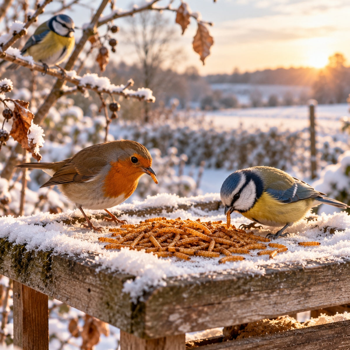 Rotkehlchen und Blaumeise fressen im Winter getrocknete Mehlwürmer von einem verschneiten Futtertisch